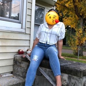 White and black crop button up shirt